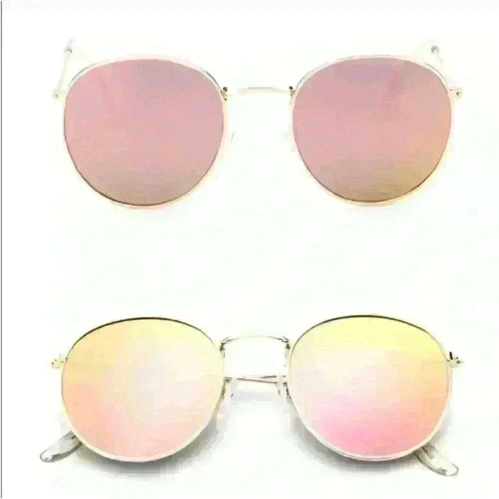 Rose Pink Round Lens Gold Frame Sunglasses with microfiber cleaning pouch